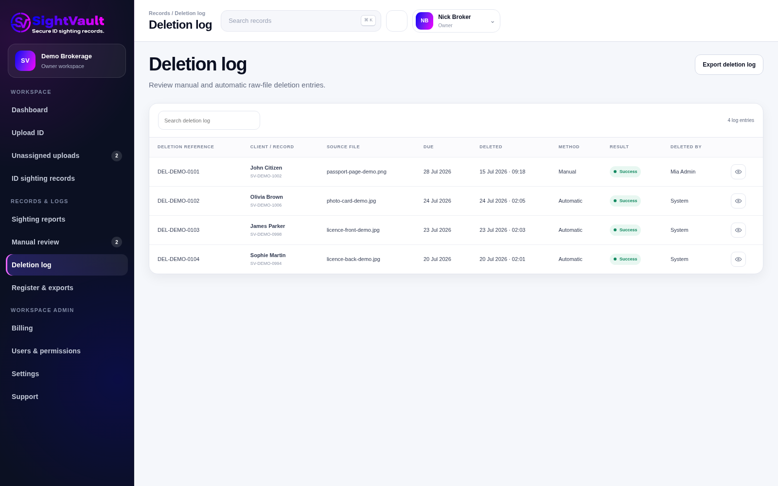 SightVault deletion log with dummy manual and scheduled deletion entries