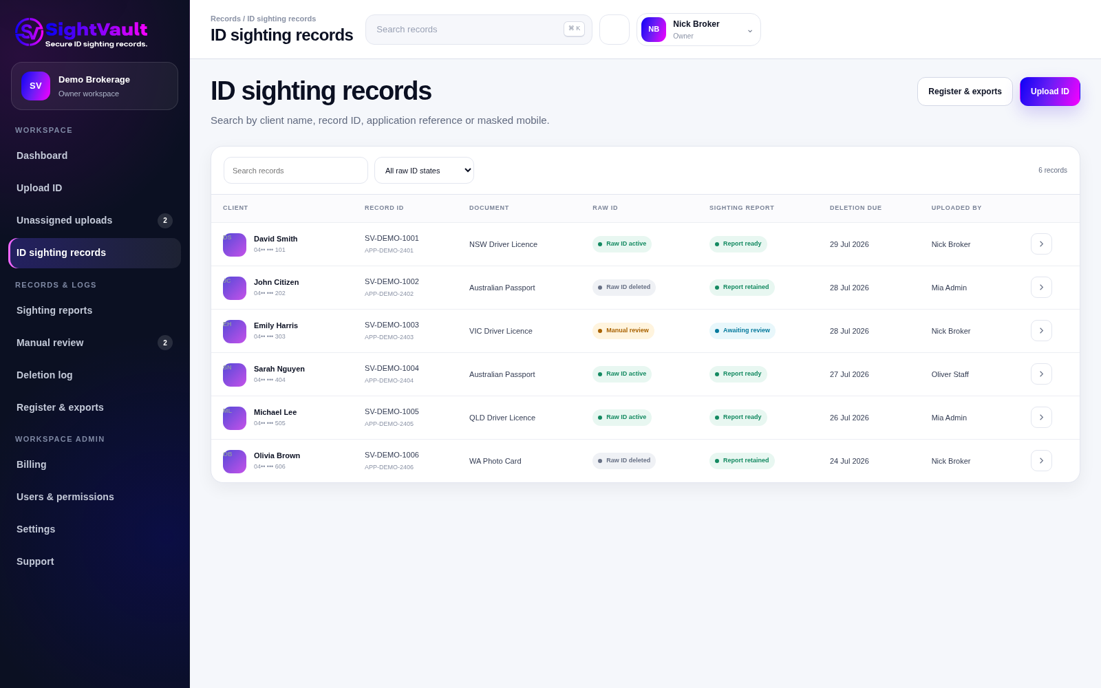 SightVault ID sighting records list with dummy client data
