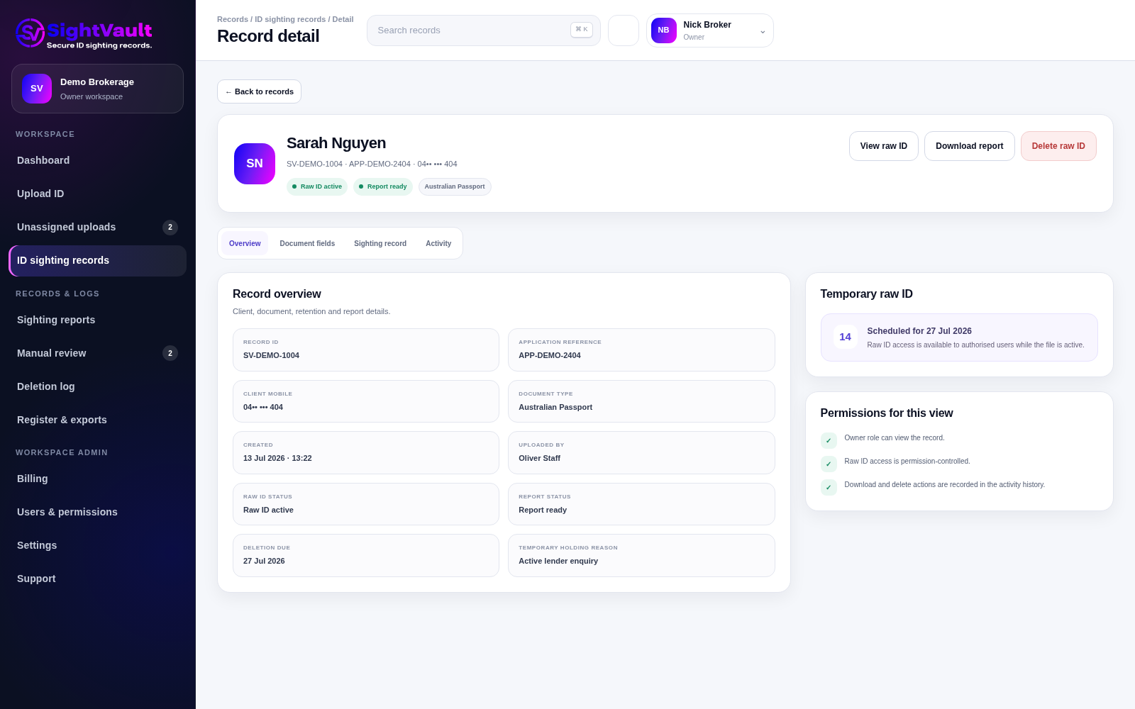 SightVault record detail screen showing dummy client and retention information