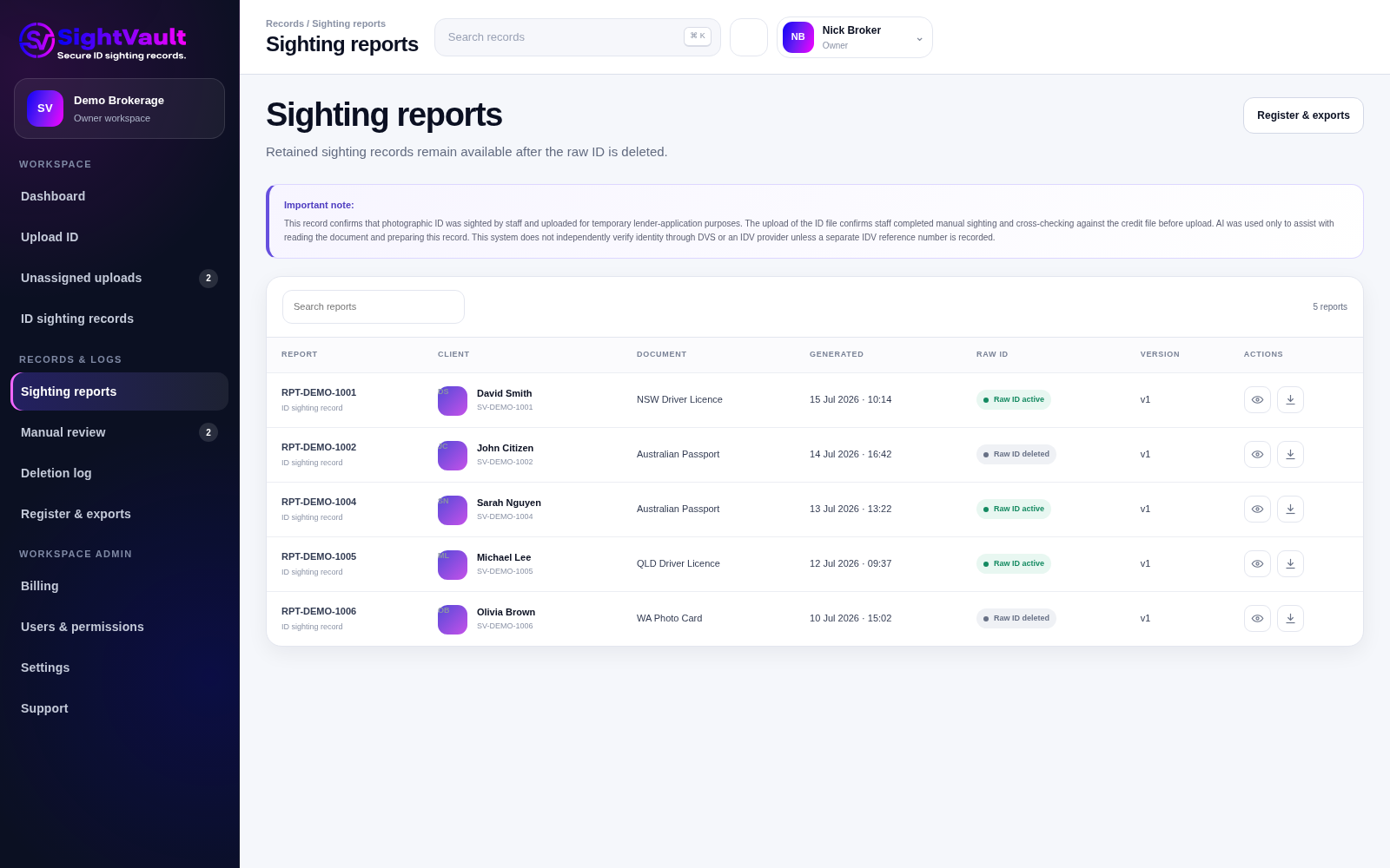 SightVault sighting reports screen with dummy records and report statuses