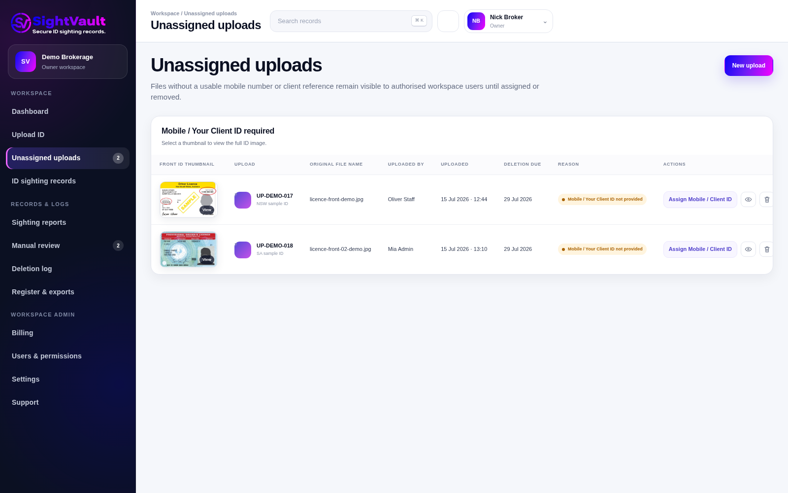 SightVault unassigned uploads screen with dummy ID thumbnails
