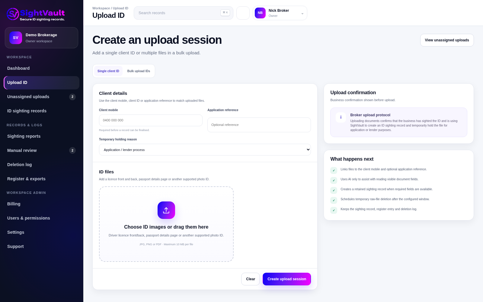 SightVault upload screen with client and file fields